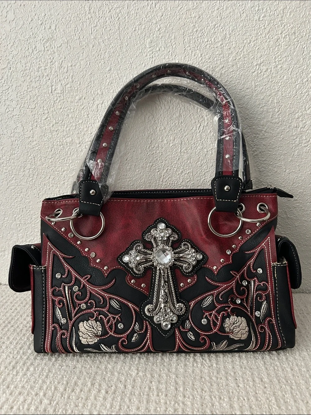 Women's Western Red and Black Embellished Cross Conceal and Carry Shoulder Bag